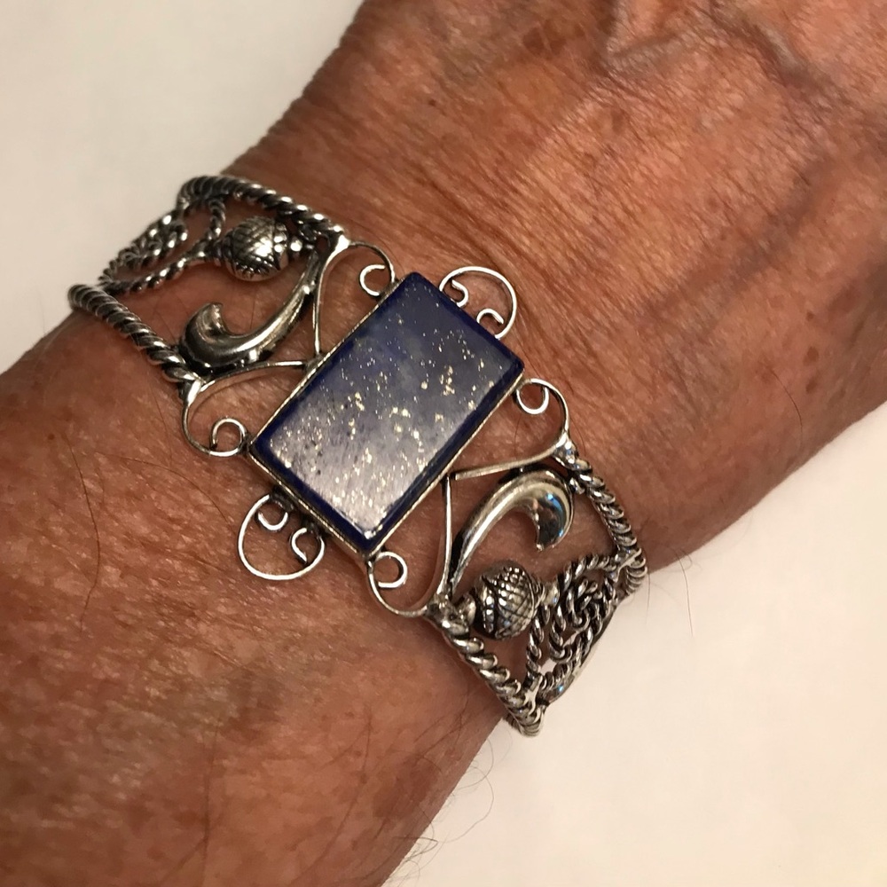 Lapis Lazuli Stamped 925 Sterling Silver Cuff Bracelet